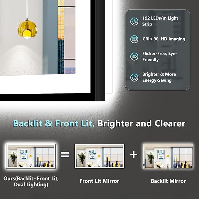 72x36 Black Framed LED Bathroom Mirror with Lights, Backlit and Front Lit Anti-Fog Lighted Vanity Mirrors for Bathroom Wall, Dimmable, 3 Colors, Memory, HD Tempered Glass, Horizontal/Vertical