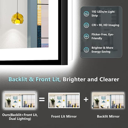96x36 Black Framed LED Bathroom Mirror with Lights, Backlit and Front Lit Anti-Fog Lighted Vanity Mirrors for Bathroom Wall, Dimmable, 3 Colors, Memory, HD Tempered Glass, Horizontal/Vertical