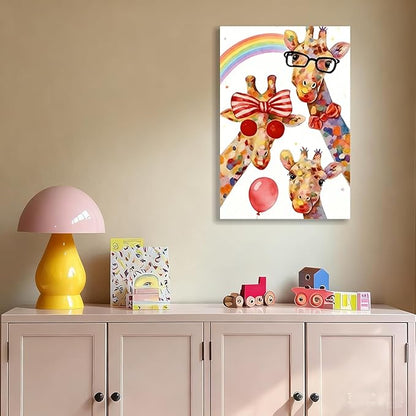 16x24 Inch Graffiti Giraffe Canvas Wall Art - Watercolor Rainbow Giraffe Family Poster with Glasses Balloon - Framed Funny Animal Wall Decor Prints for Kids Bedroom Nursery Bathroom Playroom