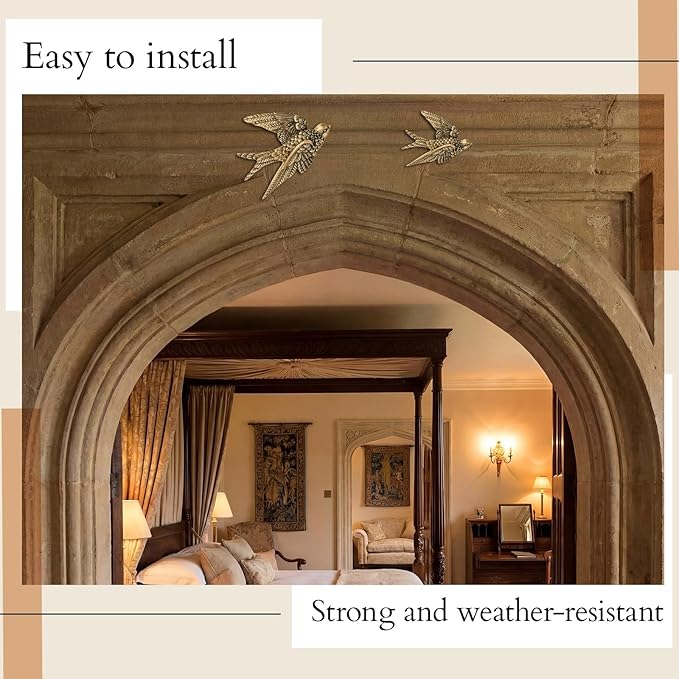 Kathfly 2 Pcs Vintage Bird Wall Sculpture Decor Art 4.7 Inch&6.7 Inch Antique 3D Sculpted Hanging Bird Resin Wall Art Golden Brass Floating Ornament for Room Garden Outdoor for Couples Housewarming