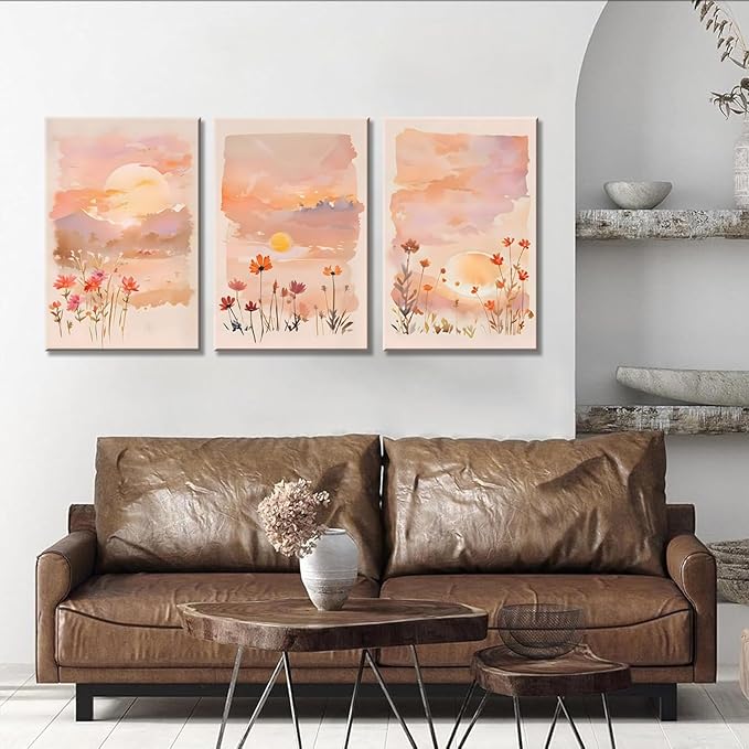 Eysintum 3 Panel Sunset Wall Art Wildflower Canvas Print Pink Floral Nature Landscape Painting Watercolor Boho Wall Decor for Bedroom Living Room 16x24in Ready to Hang