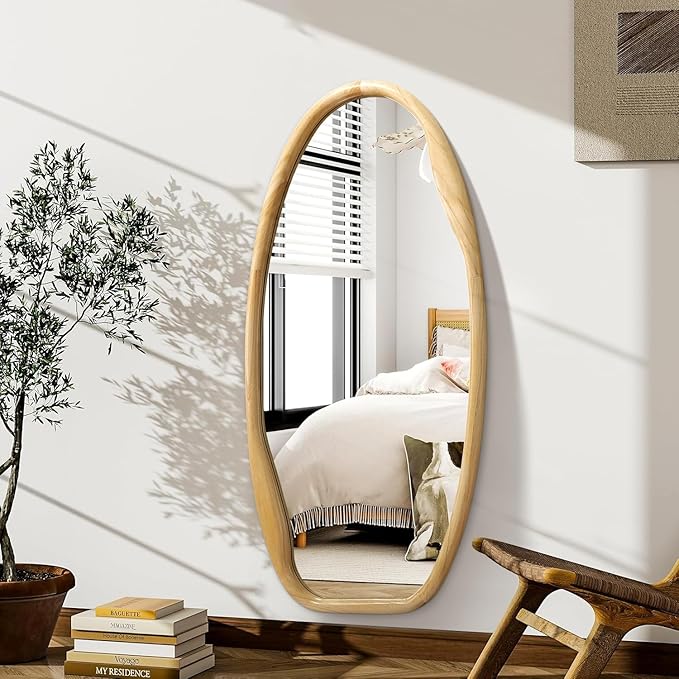 JJUUYOU Irregular Wood Frame Wall Mirror Asymmetrical Mirrors for Wall 40"X20" Decorative Wooden Hanging Mirror for Bathroom Bedroom Living Room Cloakroom Entryway Wood