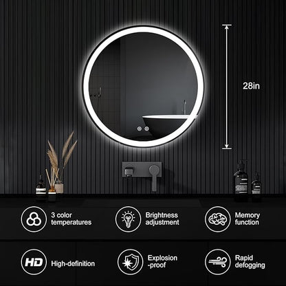 NEWBULIG 28 Inch Round LED Bathroom Wall Mirror with Lights, Light up Vanity Bathroom Mirror for Over Sink, Anti-Fog and Dimmable, Front Light and Backlit, Memory Function, Shatter-Proof, White