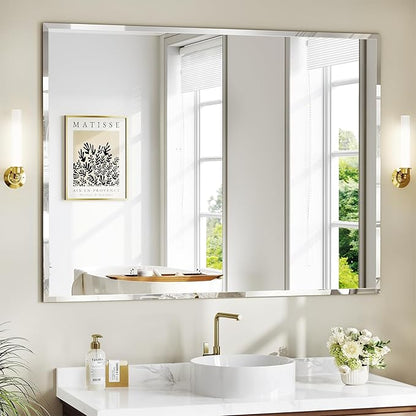 Frameless Bathroom Mirror for Wall, 36"x48" Beveled Bathroom Vanity Mirror, Wall Mount Mirrors for Bedroom Entryway Living Room Hangs Horizontally or Vertically