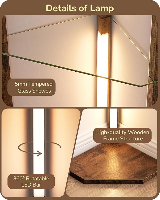 EDISHINE Corner Shelf with Light, 5-Tier Glass Display Shelf with Remote/Foot Control, 3CCT & Dimmable Corner Lamp, Open Display Cabinet, Standing Lamp for Living Room, Bedroom, Flamewood Color