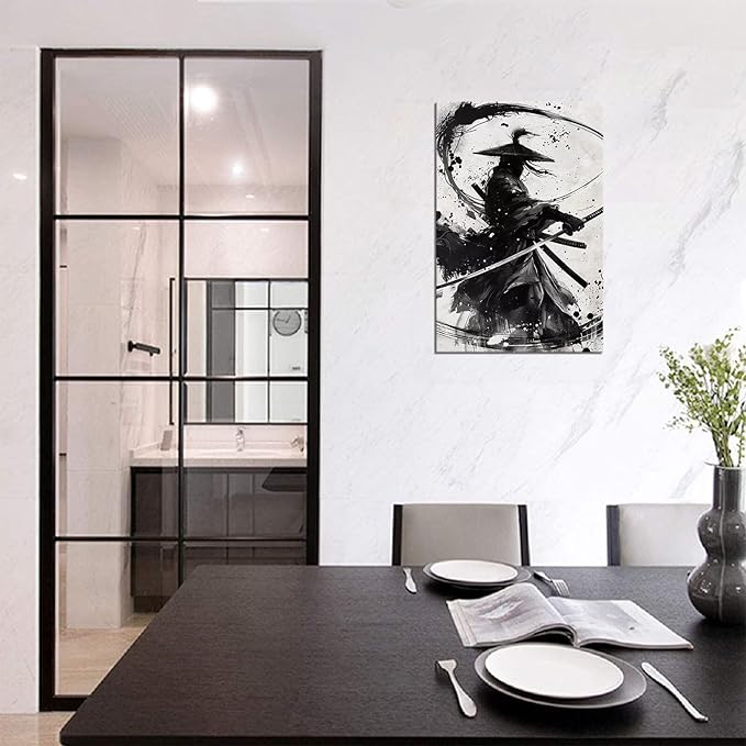 Japanese Samurai Wall Art Black and White Warrior Wall Decor Prints Vintage Japanese Cultural Samurai Pictures Canvas Painting Framed for Living Room Bathroom Bedroom Office (28''W x 44''H)