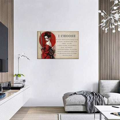 Motivational Japanese Samurai Canvas Wall Art Prints Women Red Moon Wall Decor Painting Inspirational Quotes I Choose Poster Framed for Office Living Room Gym Framed (12''W x 16''H)