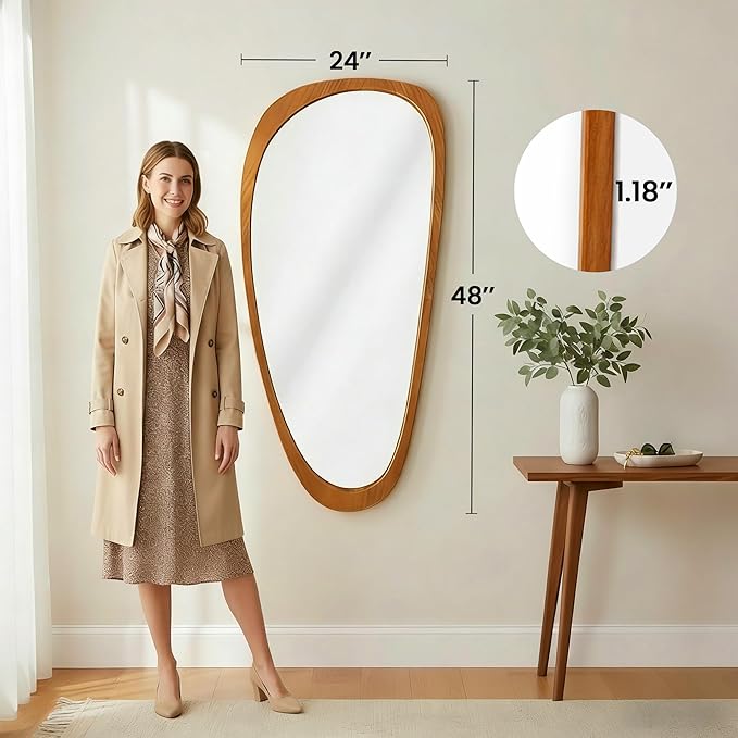 Solid Wood 48"x24" Large Aesthetic Wabi-Sabi Statement Mirror, Warm Walnut Full Length Irregular Mirror, Modern Organic Asymmetrical Wooden Wall-Mounted Mirror, Honey Walnut