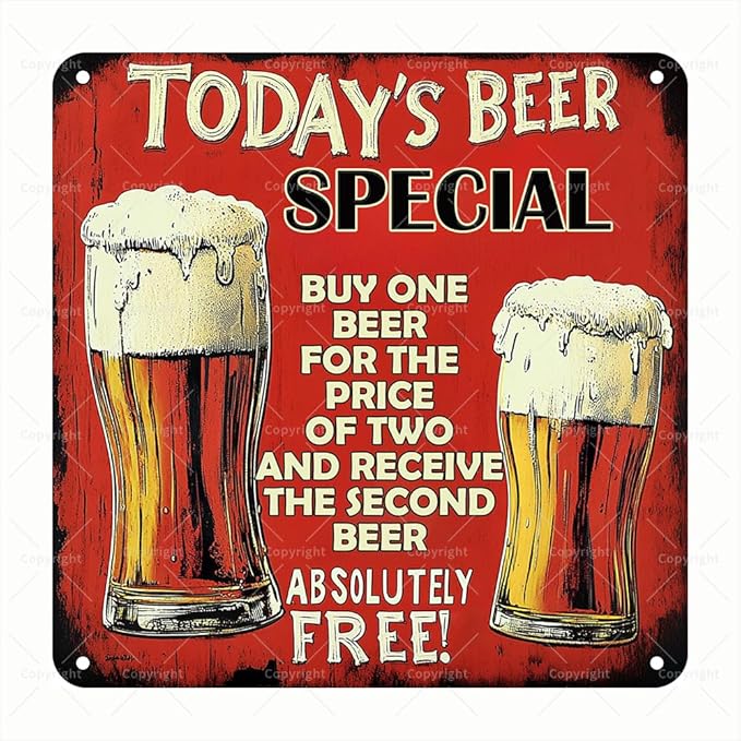 Vintage Square Metal Sign - "Today's Beer Special: Buy One Beer for the Price of Two, Second Absolutely Free!" Humorous Beer Sign - Decorative Square Tin Sign for Bar, Kitchen, or Lounge - Gift for Beer Enthusiasts