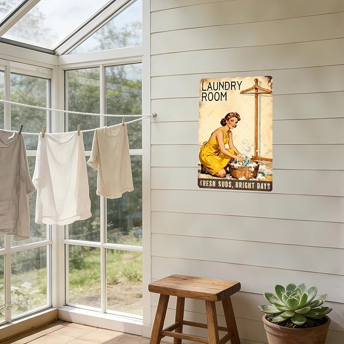 50s laundry Day Poster Metal Tin Sign Fresh Suds Bright Days Vintage Sign Utility Room Decor Retro Laundry Room Wall Art 12x8 Inch