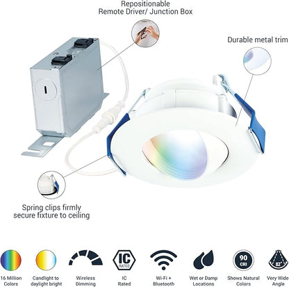 HALO 4 in Smart Wi-Fi Canless LED Recessed Downlight Connected by WiZ Pro with Adjustable Gimbal, Dimmable Full Color Changing, SpaceSense Motion Detection, Smart Home Compatible - RAWZC409