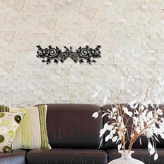 CREATCABIN Metal Tree Leaf Wall Decor Vine Olive Branch Wall Art Black Leaf Wrought Iron Scroll Sculptures Wall Art Decor Hanging Rustic Wall Sign for Above The Bed Living Room Home 15.7x4.7Inch