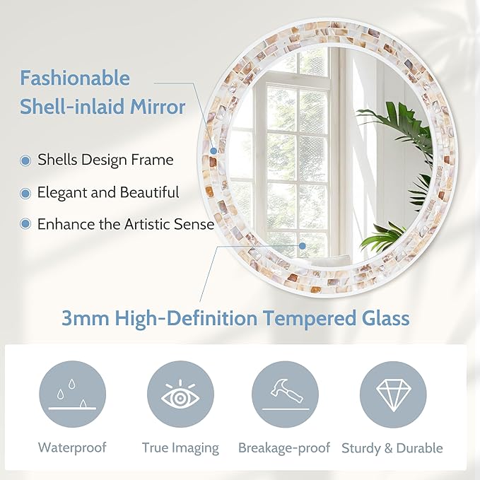Tanmicoshomy Round Wall Mirror 30 Inch, Natural Brown Shell Framed Circle Mirrors with Tempered Glass for Coastal Bathroom Bedroom Living Room or Entrayway(Brown)