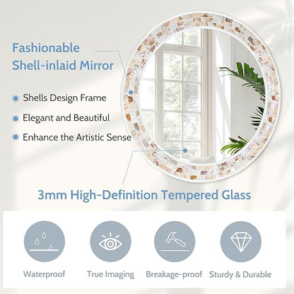 Tanmicoshomy Round Wall Mirror 30 Inch, Natural Brown Shell Framed Circle Mirrors with Tempered Glass for Coastal Bathroom Bedroom Living Room or Entrayway(Brown)