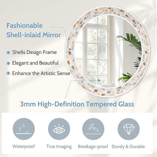 Tanmicoshomy Round Wall Mirror 30 Inch, Natural Brown Shell Framed Circle Mirrors with Tempered Glass for Coastal Bathroom Bedroom Living Room or Entrayway(Brown)