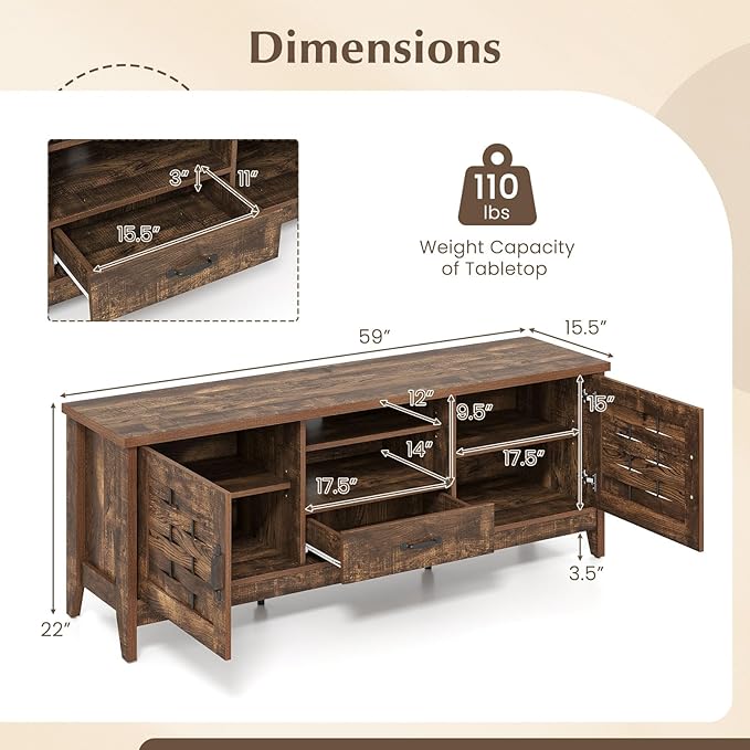 Giantex Farmhouse TV Stand for 65 Inch TVs, 59" Wood Entertainment Center with 2 Woven Accent Doors, Storage Drawer & 3 Adjustable Shelves, Media Console Table for Living Room, Bedroom (Rustic Brown)