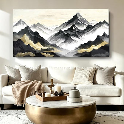 Oversized Black White And Gold Modern Abstract Landscape Wall Art For The Living Room; Canvas Print Of Natural Mountain; A Casual And Elegant Artwork Suitable For Bedrooms, Dining Rooms, Offices, And Galleries. 58X29 Inch