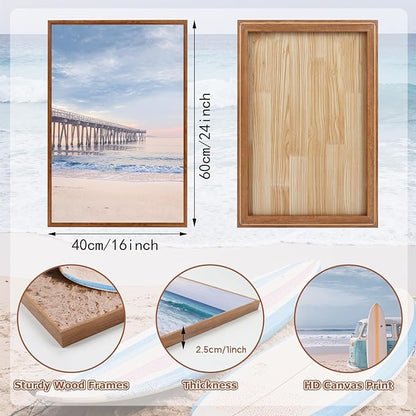 KAlRNE Coastal Seascape Wall Art Set of 3(16”X24”),Modern Ocean Beach Wall Decor,Seaside Holiday Surfboard Framed Canvas Paintings,Vintage Bridge Blue Bus Art Prints For Living Room Bedroom Office