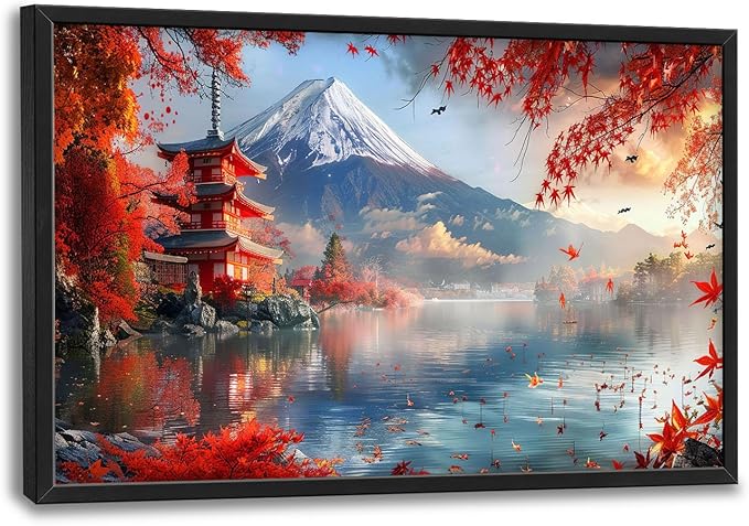 Mount Landscape Large Wall Art for Living Room Lake Mountain Nature Fall Maple Leaves Decor Japanese Autumn Tree Pictures Canvas Prints Painting Framed Artwork for Modern Home Bedroom 24"x36"