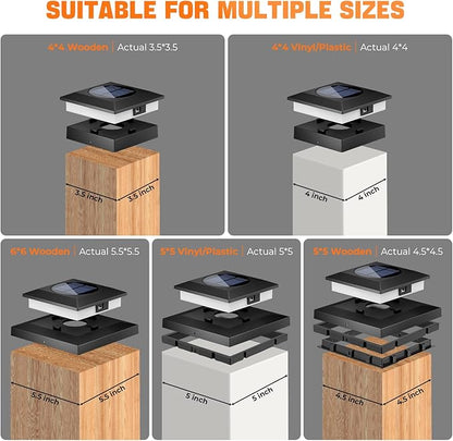 2 Pack Solar Post Cap Lights，Fence Post Solar Lights Fit for 4x4 5x5 6x6 Vinyl/Wooden Posts，2-in-1 Lighting Modes Waterproof Light for Deck Patio or Garden Decor
