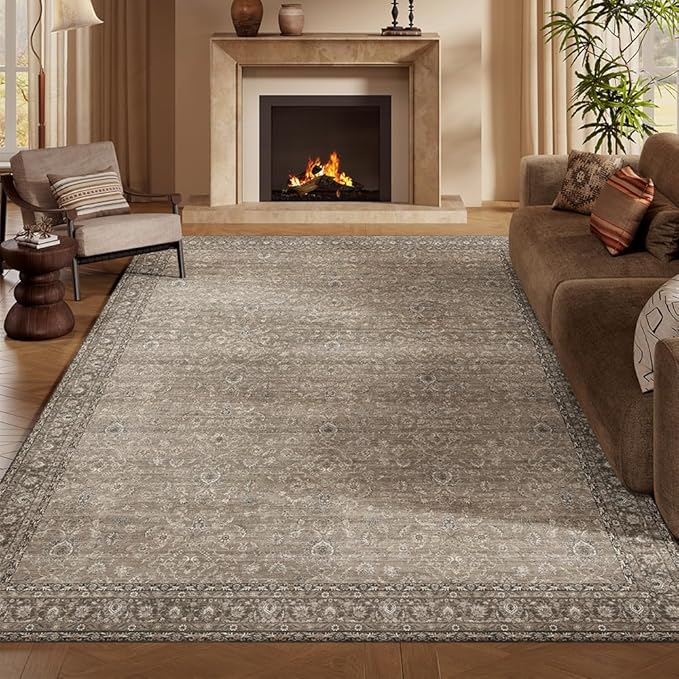 6x9 Area Rugs Grey and Brown Washable Rug for Living Room, Dining Room, Bedroom, Large Carpets, Non Slip & Non-Shedding Low Pile Vintage Print Rug for Home Office Decor