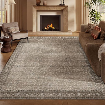 6x9 Area Rugs Grey and Brown Washable Rug for Living Room, Dining Room, Bedroom, Large Carpets, Non Slip & Non-Shedding Low Pile Vintage Print Rug for Home Office Decor