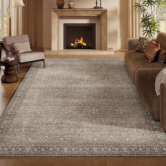 6x9 Area Rugs Grey and Brown Washable Rug for Living Room, Dining Room, Bedroom, Large Carpets, Non Slip & Non-Shedding Low Pile Vintage Print Rug for Home Office Decor