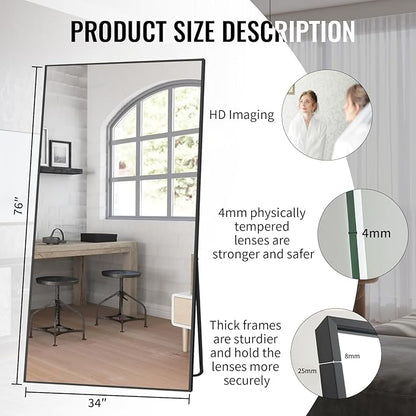Beauty4U Full Length Mirror 76" x 34", Large Floor Mirror with Stand, Wall Mounted or Leaning, HD Tempered Glass Full Body Mirror for Bedroom, Living Room, Entryway, Black Frame