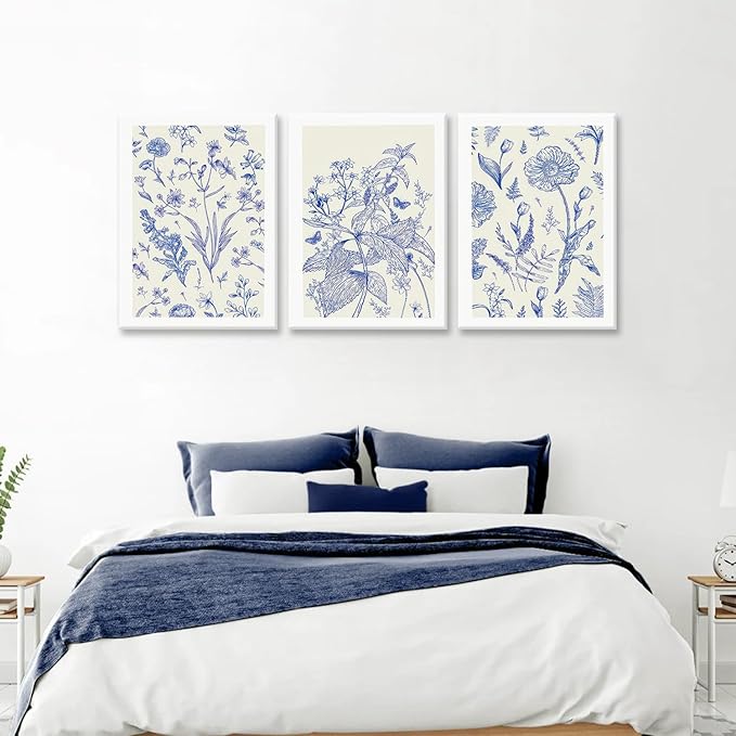 LYPHNX Framed Blue White Chinoiserie Floral Canvas Wall Art Navy Watercolor Flower Painting Posters Set of 3 Minimalist Botanical Wildflower Prints Picture Home Decor for Bedroom Living room 16"x24"