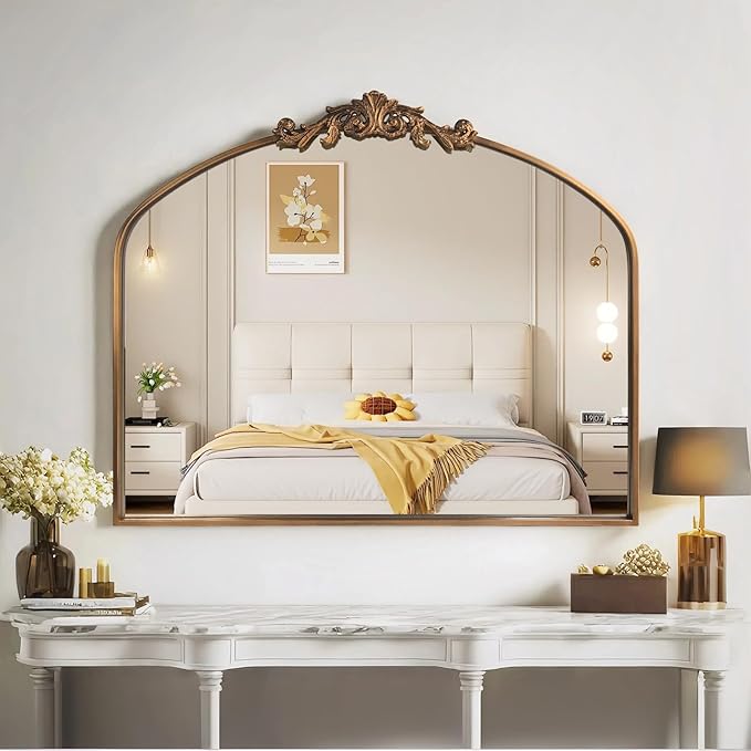 HQiJun Gold Wall Mirror, Large Arched Vintage Baroque Ornate Mirrors, Traditional Decorative Antique Brass Mirror for Entryway, Living Room, Bedroom, Bathroom Vanity, Fireplace Mantel(Gold,29"x36")