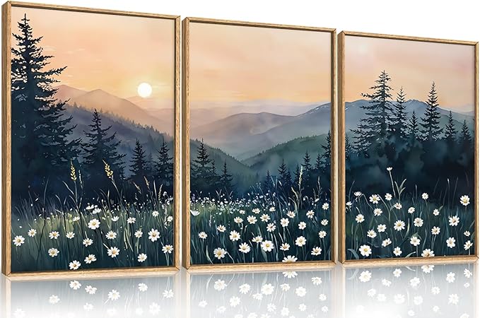 KAIRNE Mountain Floral Landscape Framed Canvas Wall Art Set,Watercolor Forest Wall Decor,Misty Pine Tree Art Prints,Nature Sunset Scenery Artwork for Living Room,Bedroom,Farmhouse,Office-16 x24 x3