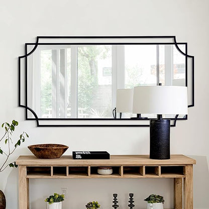 55'' x 28'' Large Modern Rectangular Wall Mirror, Black Frame with Scalloped Design, Living Room, Entryway, Bathroom Decor