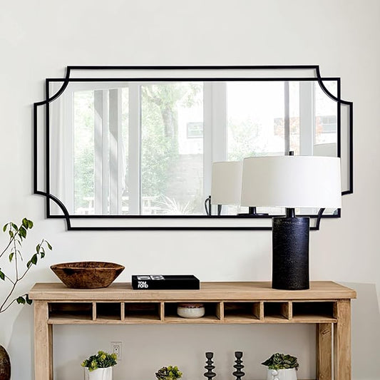 55'' x 28'' Large Modern Rectangular Wall Mirror, Black Frame with Scalloped Design, Living Room, Entryway, Bathroom Decor