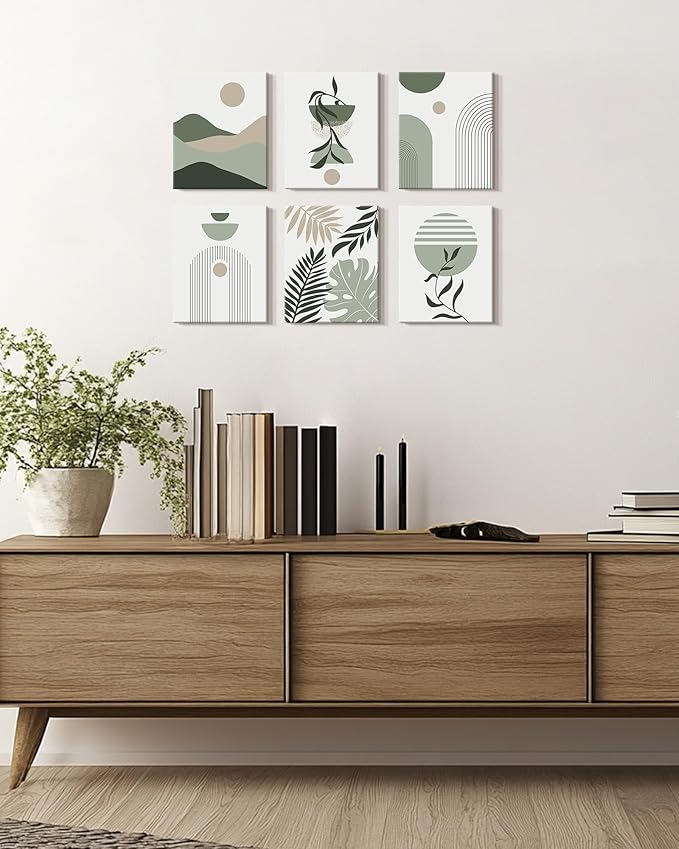 Drsoum Boho Framed Wall Art Minimalist Geometric Abstract Boho Room Decor Green Sage Botanical Mid Century Modern Bohemian Prints Living Room Bedroom Ready to Hang 8x10inx6pcs (Framed)