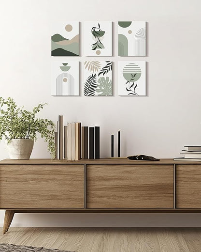 Drsoum Boho Framed Wall Art Minimalist Geometric Abstract Boho Room Decor Green Sage Botanical Mid Century Modern Bohemian Prints Living Room Bedroom Ready to Hang 8x10inx6pcs (Framed)