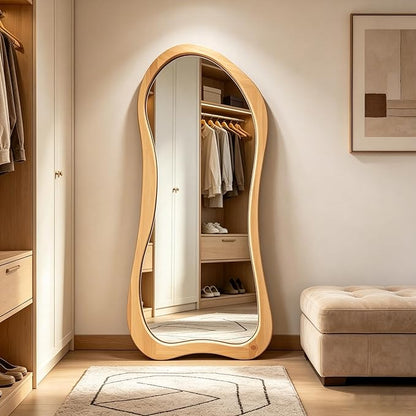 Large Irregular Mirror, 63"x30" Asymmetrical Aesthetic Mirrors with Solid Wood Frame, Premium Organic Shape Floor Mirror for Living Room Entryway Hallway Bedroom Cloakroom, Leaning/Hanging