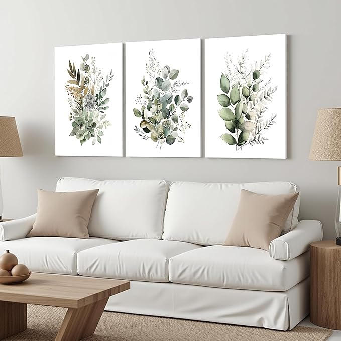 FYLDPSB 3 PCS Unframed Watercolor Floral Canvas Wall Art, Boho Sage Green Wildflower Wall Decor, Modern Flowers and plants Painting Print for Bedroom Living Room Bathroom Decorations 16''L x 24''W