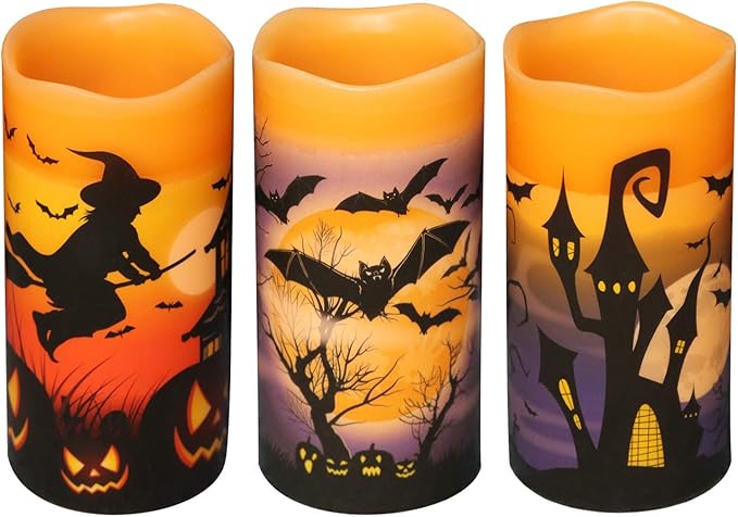 Halloween LED Flameless Pillar Candles Battery Operated with 6 Hour Timer Set of 3 Orange Wax Warm Light Flickering Witch Bats Castle Spooky Decals Halloween Decor Gifts(3 x 6 Inch)