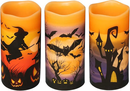 Halloween LED Flameless Pillar Candles Battery Operated with 6 Hour Timer Set of 3 Orange Wax Warm Light Flickering Witch Bats Castle Spooky Decals Halloween Decor Gifts(3 x 6 Inch)