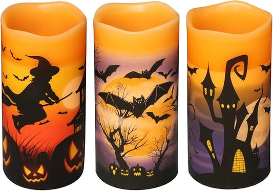 Halloween LED Flameless Pillar Candles Battery Operated with 6 Hour Timer Set of 3 Orange Wax Warm Light Flickering Witch Bats Castle Spooky Decals Halloween Decor Gifts(3 x 6 Inch)