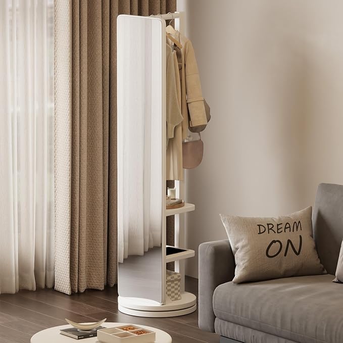 WoodsWhisper Full Length Mirror Coat Rack Solid Wood Floor Mirror 66"x12" Full Length Mirror with Stand Long Mirrors for Bedroom,Living Room (White, 66" Lx12 W)
