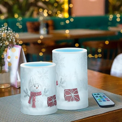 Christmas Lights Decorations Flameless Candles Snowman in Winter Pillar Candles Set of 2 Battery Operated Remote Control Warm Lights