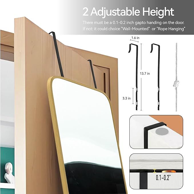 SCWF-GZ 47x14 Mirror Full Body Length Door Hanging/Rope Hang/Wall Mounted Metal Frame Rectangle Mirrors for Bedroom Bathroom Dressing Living Room 47 inch Gold
