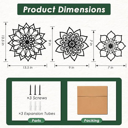 Sanwarm 3 Pieces Metal Flowers Wall Decor, Black Wall Art Decors Sunburst Mandala Bohemian Minimalist Hanging Decoration for Home Bathroom Living Room Bedroom Garden Office Housewarming Gifts