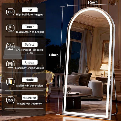 Led Mirror Full Length Tempered Glass Arched Full Body Mirrors with Dimming & 3 Color Lighting 30 x 71 Inch Full Length led Mirror for Bedroom, Dressing Room