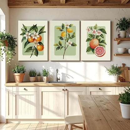 LHHJDIO 3 Piece Vintage Fruit Canvas Wall Art Trendy Kitchen Wall Art Boho Orange Lemon Grapefruit Pictures Wall Decor Citrus Botanical Art Prints for Dining Room Living Room 16"x24"