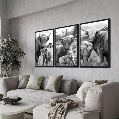 Vintage Scottish Cow Family Canvas Wall Art Rustic Highland Cow & Calf Poster Wall Decor Black White Western Farm Animals Artwork for Apartment Bedroom Country Decoration 24x36inchx3pcs,Framed