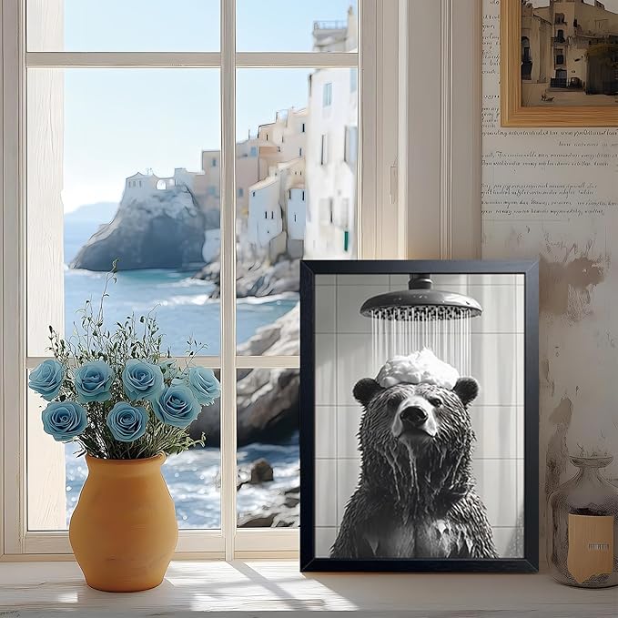 XYHYRA Funny Bear Bathroom Wall Art, Black and White Animal Shower Canvas Print Picture, Cute Bear Taking Bath Poster, Modern Farmhouse Bathroom Restroom Home Wall Decor 12x16 inch Wood Framed