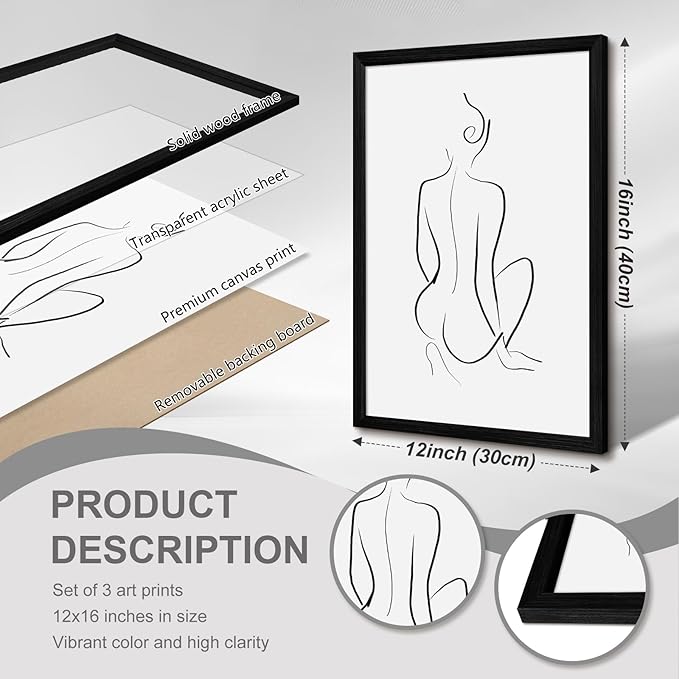 Minimalist Line Wall Art Woman Body Outline Wall Art Prints Women Figure Drawing Painting Body Line Wall Decor Female Wall Art Abstract Woman Silhouette Canvas Art Aesthetic 12x16x3 Inch Framed