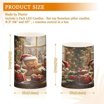 ALAZA Cute Christmas Gingerbread Santa Hat Snow Flickering Flameless Candles Battery Operated with Remote Timer,Tea Light Candles LED Pillar Votive Candles Set of 2 for Outdoor Indoor Decorations